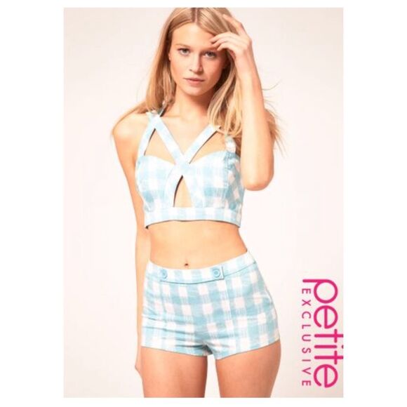 ASOS Aqua Blue Gingham 100% Cotton Strappy Crop Top Bra Top Size US 6 - Picture 1 of 6